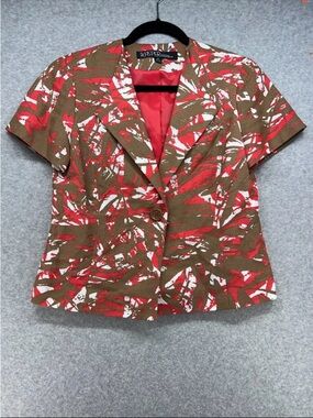 Kasper Brown Red White Abstract Print Short Sleeve Button Down Top
